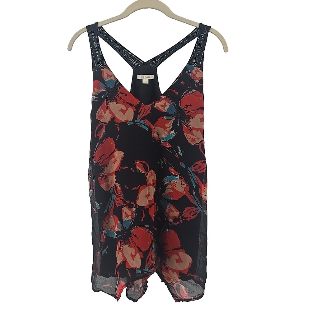 Ella Moss XS Black Floral 100% Silk Crocheted Accent Racer Back Tank Top Lined